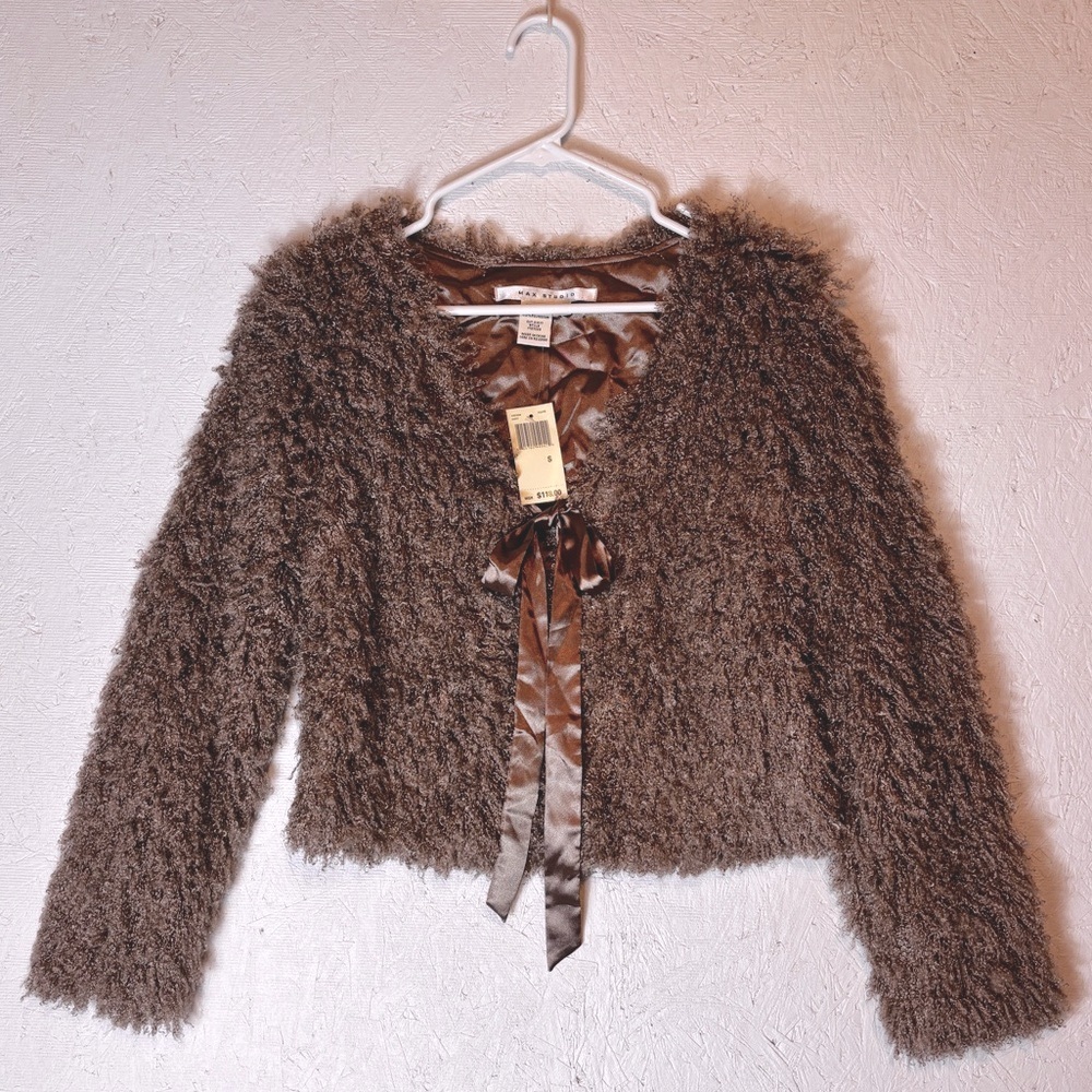 NWT Max Studio Womens Size S Faux Curly Lamb Fur Satin Tie Jacket Super Cute Tan - Picture 3 of 10